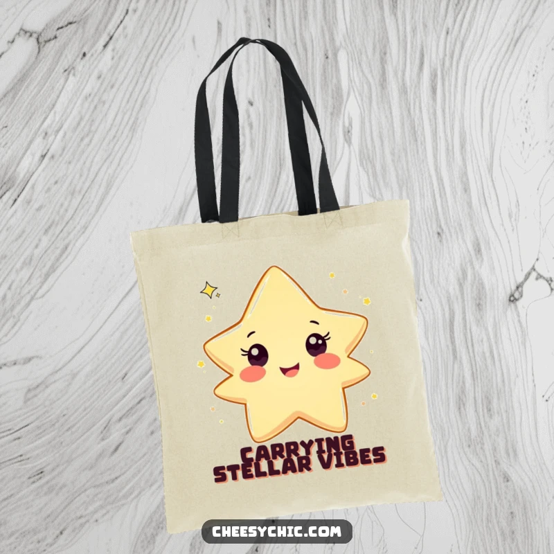 Funny tote bag featuring a cheerful star character scattering glitter with a mischievous, utterly delightful and playful expression.