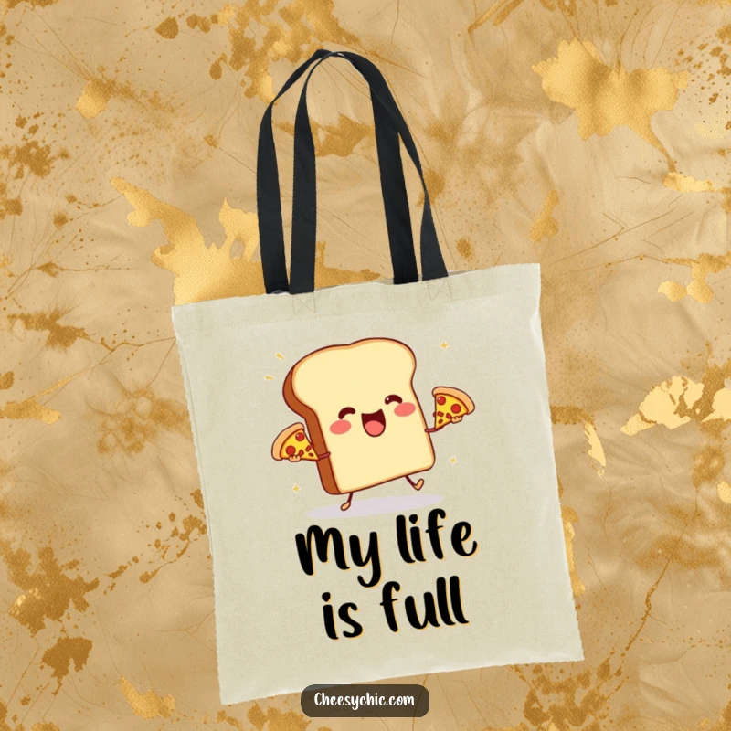 Funny tote bag with an anthropomorphic toast aggressively juggling three small pizzas, a practical and humorous accessory.