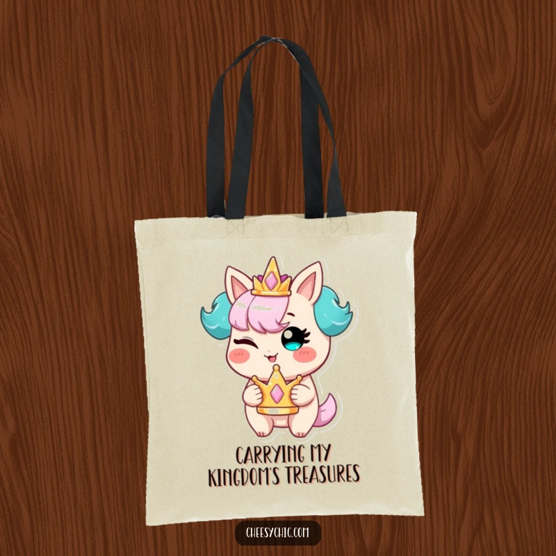 Funny tote bag depicting a stylized character winking with a mischievous grin, holding a tiny, shimmering crown, ready for adventure.