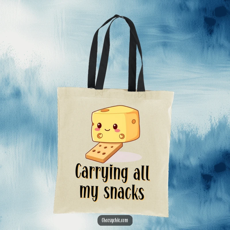 Funny tote bag with a wobbly block of cheese precariously balancing on a tiny cracker, perfect for carrying daily items.