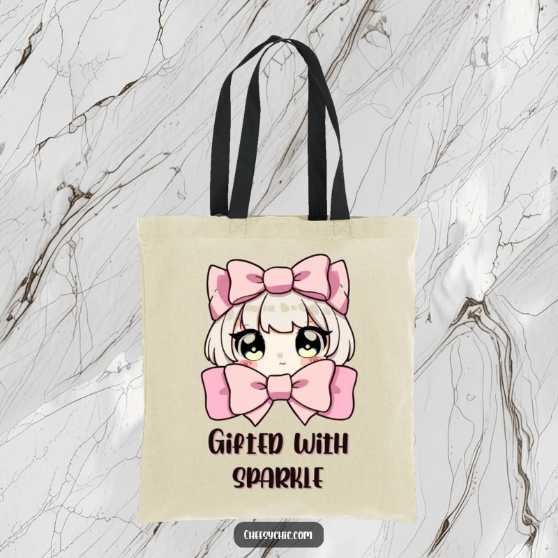 Funny tote bag with a character's wide, sparkling eyes peeking from behind a large bow, symbolizing playful secrets.