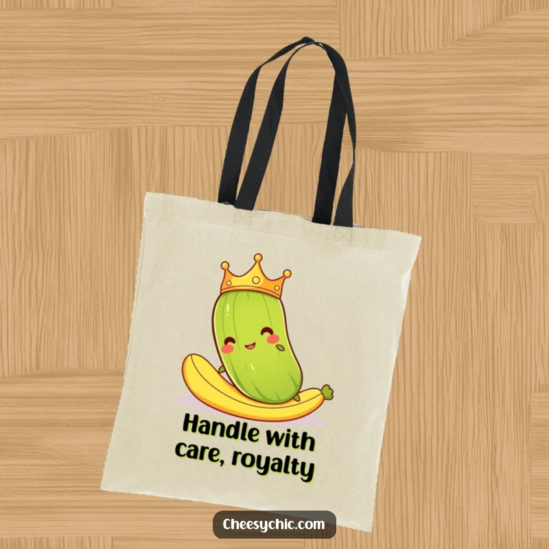 Funny tote bag with a cartoon pickle wearing a crown, comically slipping on a banana peel, a humorous and practical accessory.