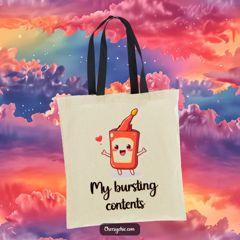 Funny tote bag depicting a happy anthropomorphic ketchup packet joyfully bursting, ready to carry your items with flair.