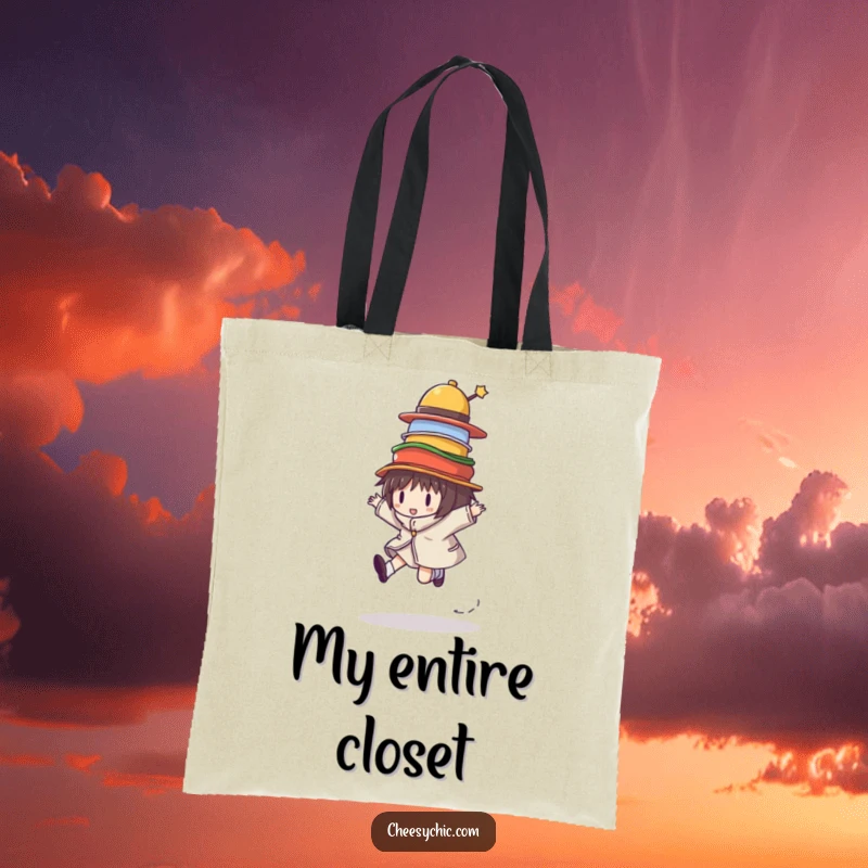 Funny tote bag featuring a character skipping with a wobbly stack of colorful hats, representing fun and lightheartedness.