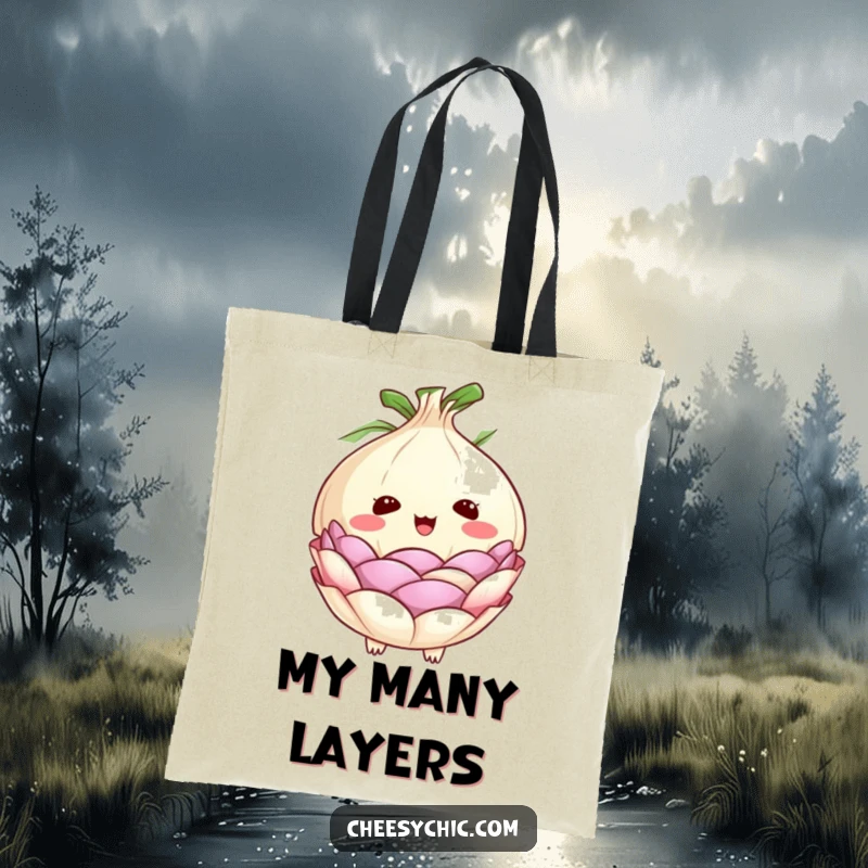 Funny tote bag depicting a cute anthropomorphic onion with its layers peeling back in a comically surprised expression, great for errands.