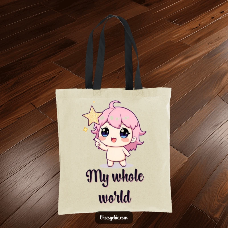 Funny tote bag depicting a cheerful character pointing excitedly at a giant, shiny star, representing aspiration and humor.